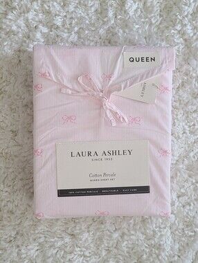 Laura Ashley Pink Bow Striped Queen Sheet Set
